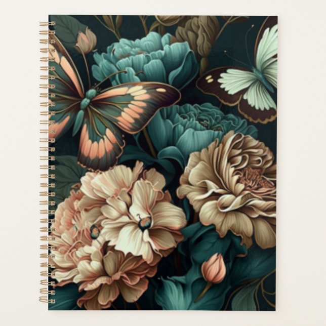 Schmetterlinge und Blume dunkles klassisches Desig Planer (Vorderseite)