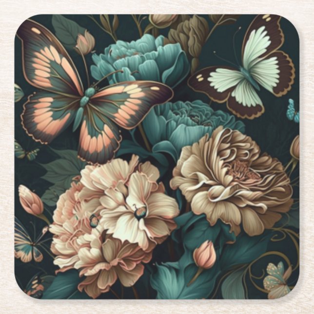 Schmetterlinge und Blume dunkles klassisches Desig Rechteckiger Pappuntersetzer (Vorderseite)