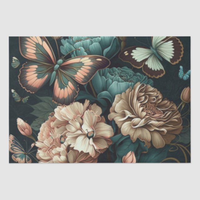 Schmetterlinge und Blume dunkles klassisches Desig Seidenpapier (Vorderseite)