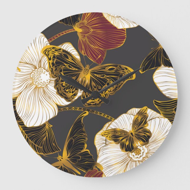 Schmetterlinge und Blume: Frühjahrsmuster Große Wanduhr (Vorderseite)
