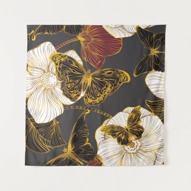 Schmetterlinge und Blume: Frühjahrsmuster Wandteppich (Vorderseite)