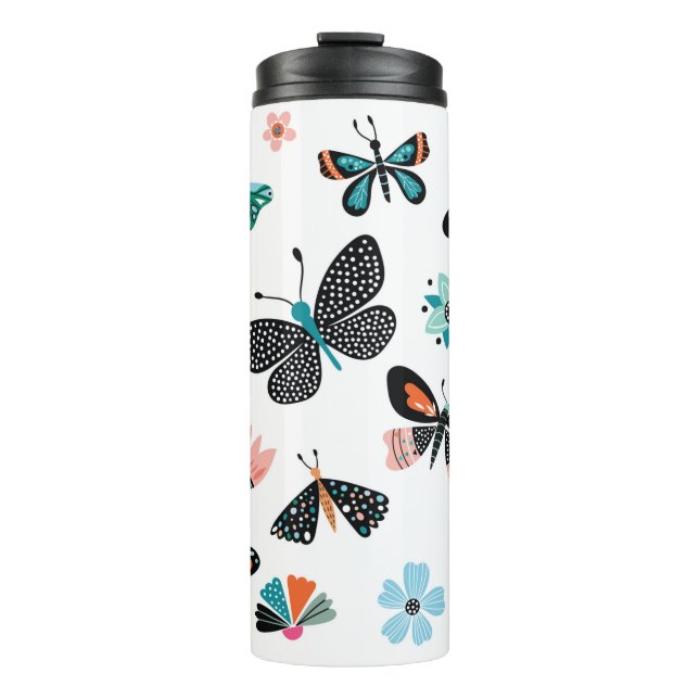 Schmetterlinge und Blume, handgezeichnete Sammlung Thermosbecher (Vorderseite)
