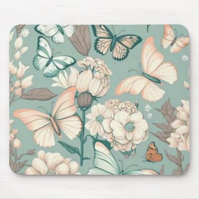 Schmetterlinge und Blume helle grüne Dekoration Mousepad (Vorne)