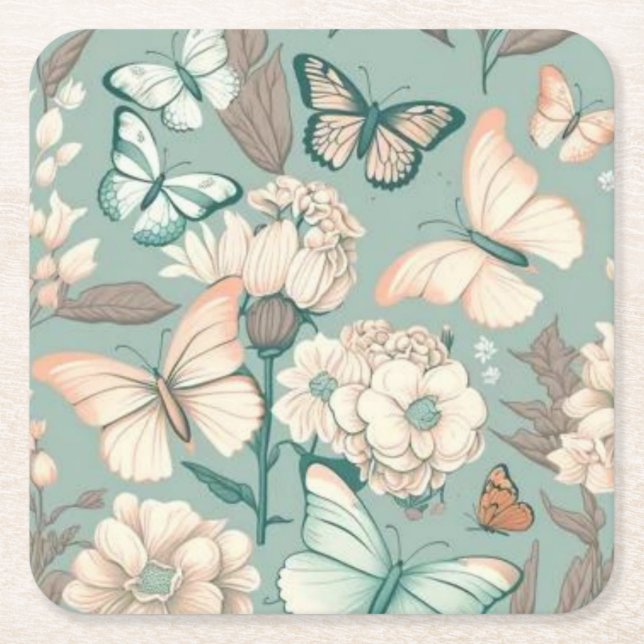 Schmetterlinge und Blume helle grüne Dekoration Rechteckiger Pappuntersetzer (Vorderseite)