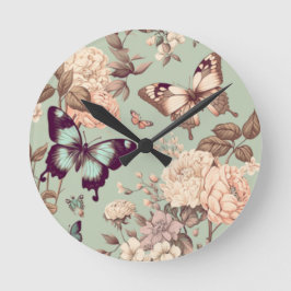 Schmetterlinge und Blume pastellgrün Runde Wanduhr