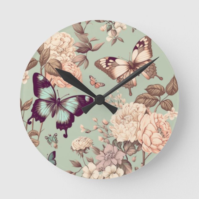 Schmetterlinge und Blume pastellgrün Runde Wanduhr (Vorderseite)