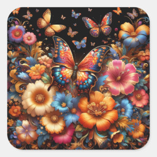 Schmetterlinge und Blume Quadratischer Aufkleber