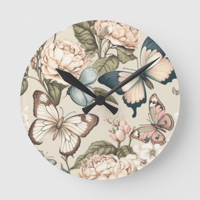 Schmetterlinge und Blume Runde Wanduhr (Vorderseite)