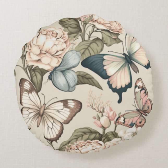 Schmetterlinge und Blume Rundes Kissen (Rückseite)