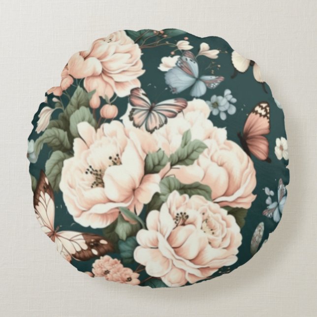 Schmetterlinge und Blume Rundes Kissen (Vorderseite)