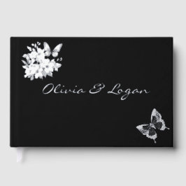 Schmetterlinge und Blume Silberne Schwarze Hochzei Gästebuch