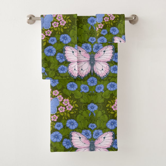 Schmetterlinge und Blume Symmetrie, blau und rosa Badhandtuch Set (Insitu)