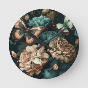 Schmetterlinge und Blumen dunkles klassisches Desi Runde Wanduhr