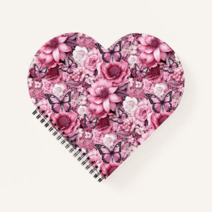 Schmetterlinge und Blumen in verschiedenen Rosa-Tö Notizbuch