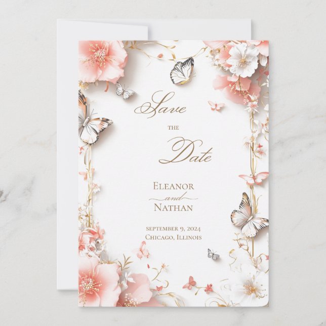Schmetterlinge und blumengeschmückte Save the Date Einladung (Vorderseite)