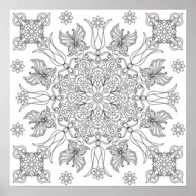 Schmetterlinge und Blüten Mandala Adult Coloring Poster (Vorne)