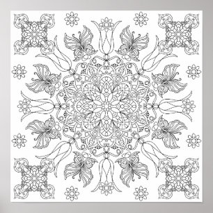 Schmetterlinge und Blüten Mandala Erwachsenen-Malb Poster