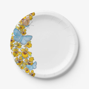 Schmetterlinge und Blüten Pastellblau und Gelb Pappteller