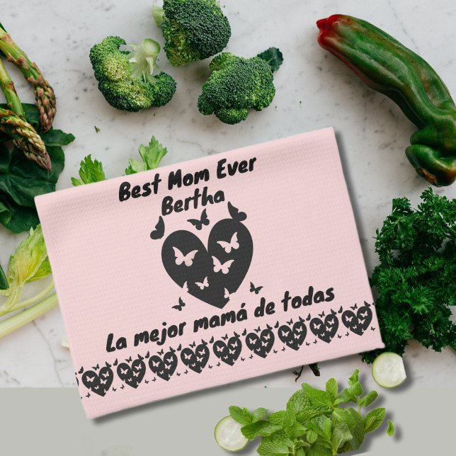 Schmetterlinge und Herz-Individuelle Name, zweispr Geschirrtuch (Bilingual mother's day best mom ever la mejor mamá de todas custom name towel multilingual project)