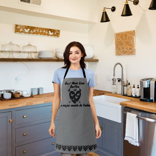 Schmetterlinge und Herz-Individuelle Name, zweispr Schürze (Gray Bilingual apron, Best Mom Ever, La mejor mamá de todas, custom name.  multilingual project)
