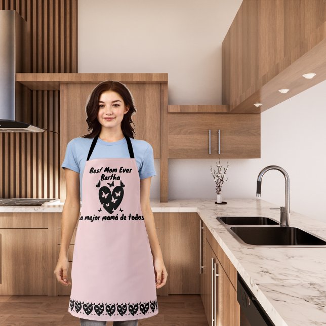 Schmetterlinge und Herz-Individuelle Name, zweispr Schürze (Pink Bilingual Apron; best mom ever, la mejor mamá de todas. multilingual project)