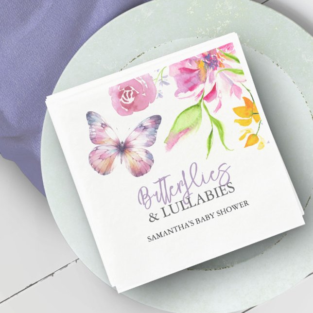 Schmetterlinge und Lullabies Baby Shower Watercolo Serviette (Purple butterfly baby shower decorations watercolor flowers by Victoria Grigaliunas Do Tell A Belle)