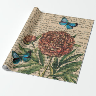 Schmetterlinge und Mohn über Zeitung Geschenkpapier