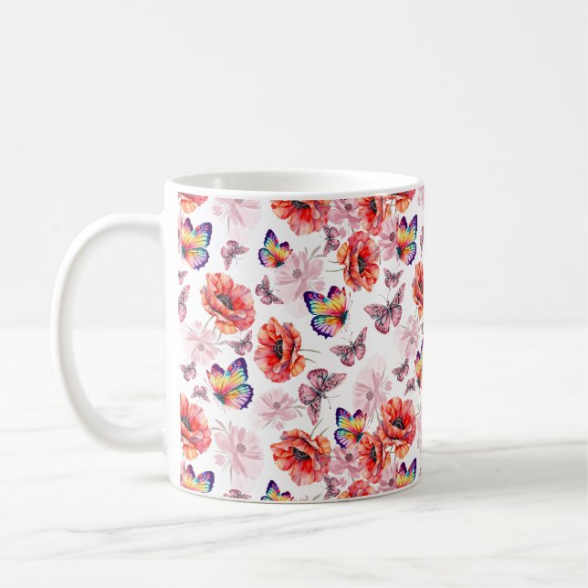 Schmetterlinge und Mohnblumen Kaffeetasse (Links)