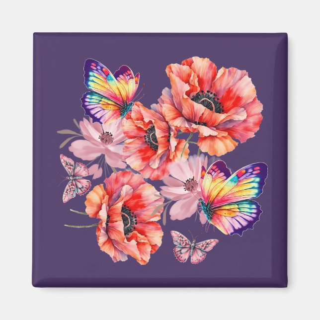 Schmetterlinge und Mohnblumen Magnet (Vorne)