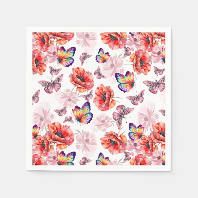 Schmetterlinge und Mohnblumen Serviette (Vorderseite)