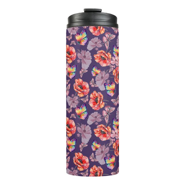Schmetterlinge und Mohnblumen Thermosbecher (Vorderseite)