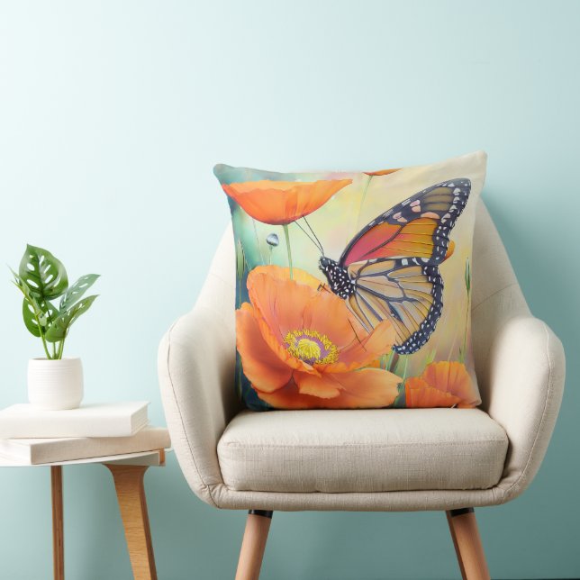 Schmetterlinge und Orange Mohn Botanisch Kissen (Stuhl )