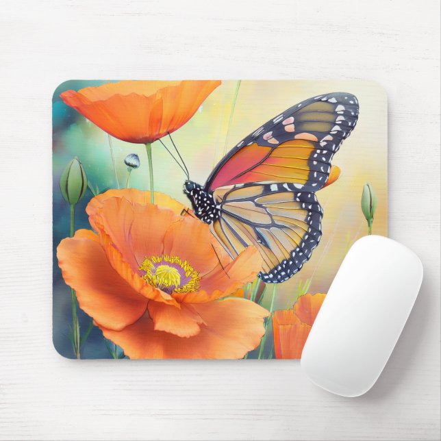 Schmetterlinge und orange Mohnblumen Botanisch Mousepad (Mit Mouse)