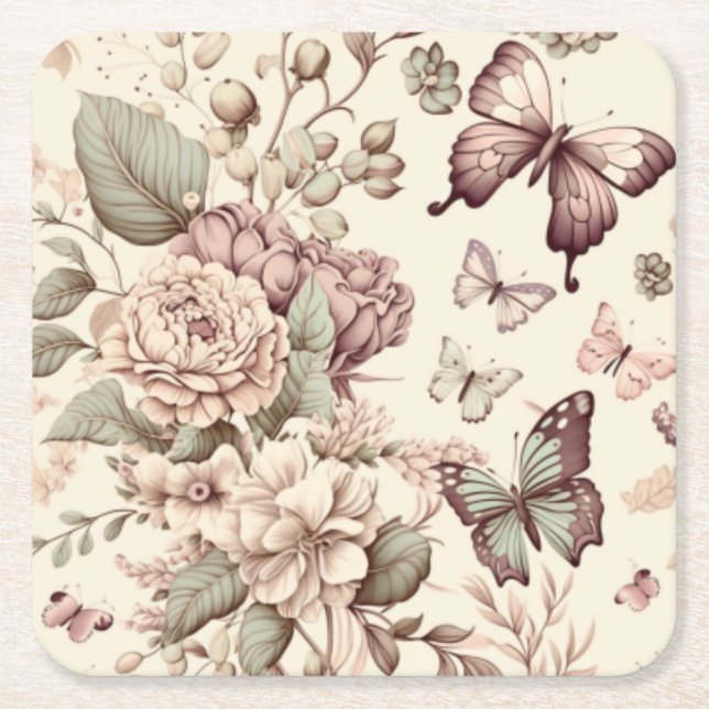Schmetterlinge und pastellfarbene Blume Rechteckiger Pappuntersetzer (Vorderseite)
