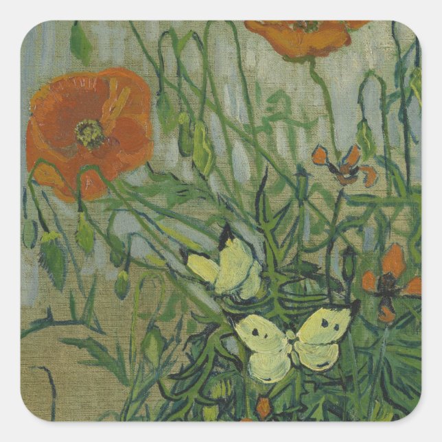 Schmetterlinge und Poppies von Vincent van Gogh Quadratischer Aufkleber (Vorderseite)
