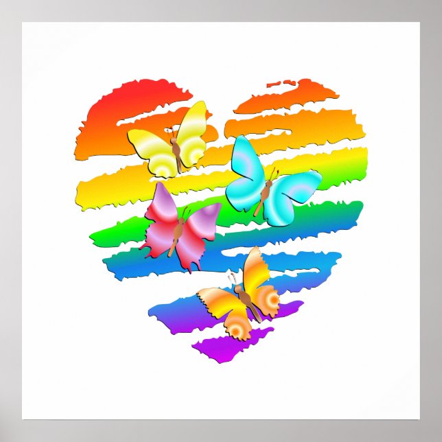 Schmetterlinge und Regenbogenherz Poster (Vorne)