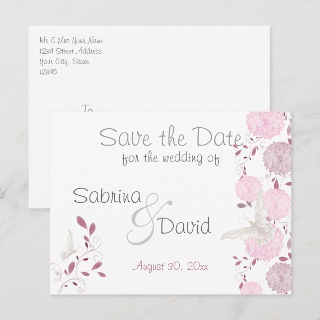 Schmetterlinge und rosa Chrysanthemum Save the Dat Ankündigungspostkarte (Vorne/Hinten)