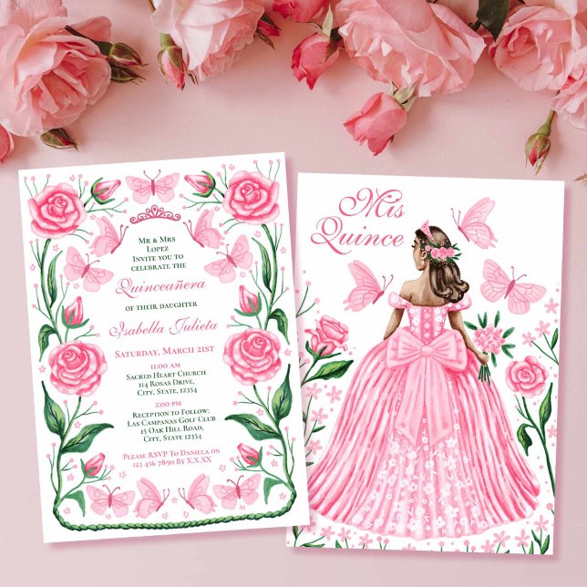 Schmetterlinge und Rose Rosa Prinzessin Quinceaner Einladung (Butterflies and Roses Pink Princess Quinceanera Invitation)