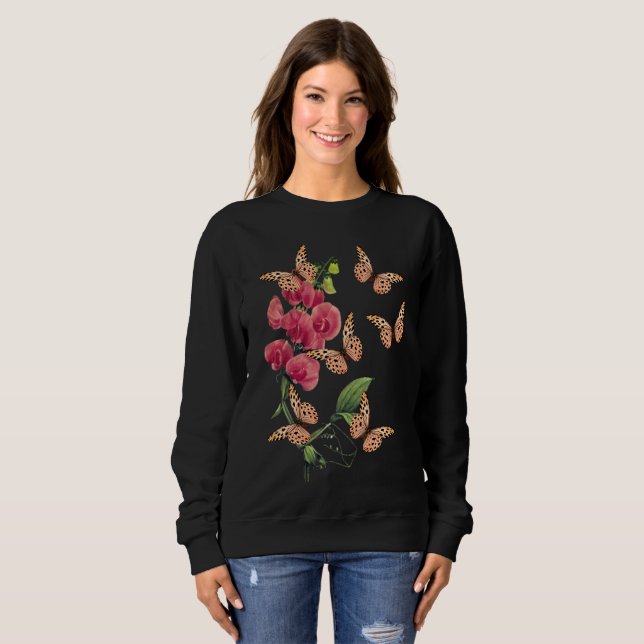 Schmetterlinge und süße Erbsen-Blume schwarz Sweatshirt (Vorne ganz)