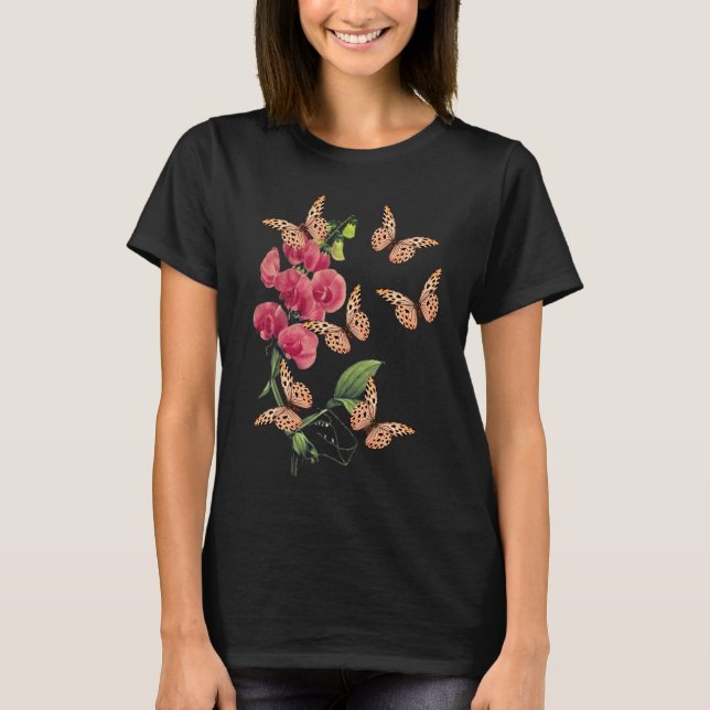 Schmetterlinge und süße Erbsen-Blume schwarz T-Shirt (Vorderseite)