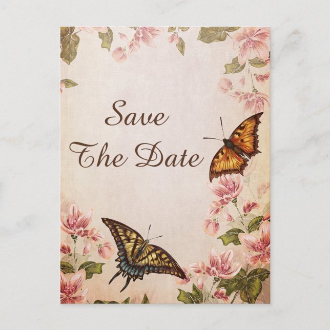 Schmetterlinge und Vintage Mandelblosse Save the D Ankündigungspostkarte (Vorderseite)