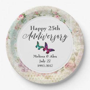 Schmetterlinge und Vintage Rose Jahrestag Pappteller