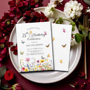 Schmetterlinge und Wildblumen Elegant 75. Geburtst Einladung