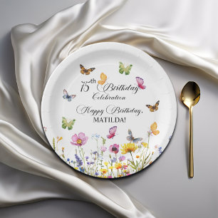 Schmetterlinge und Wildblumen Elegant 75. Geburtst Pappteller