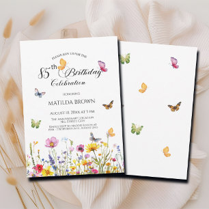 Schmetterlinge und Wildblumen Elegant 85. Geburtst Einladung
