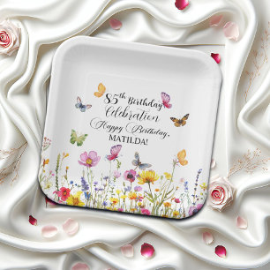 Schmetterlinge und Wildblumen Elegant 85. Geburtst Pappteller