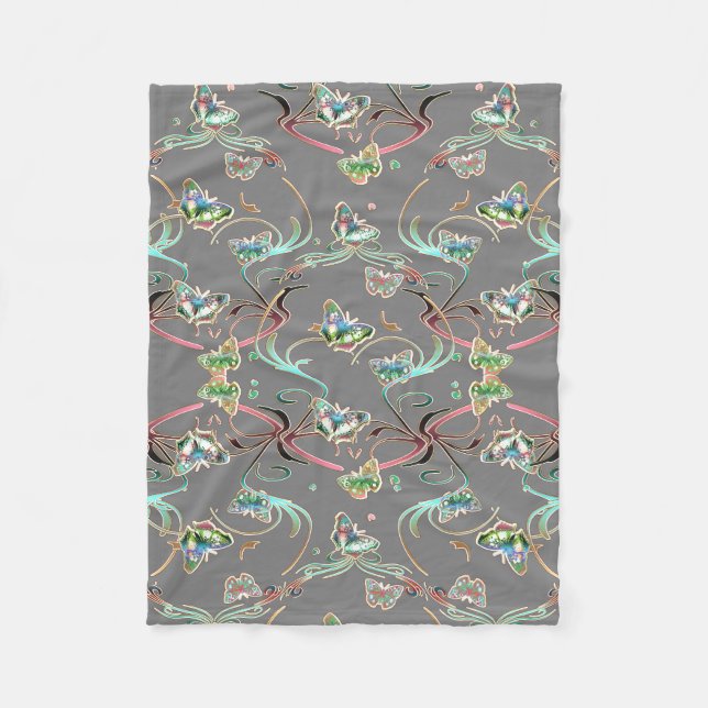 Schmetterlinge Verzierungen Grau Fleecedecke (Vorderseite)
