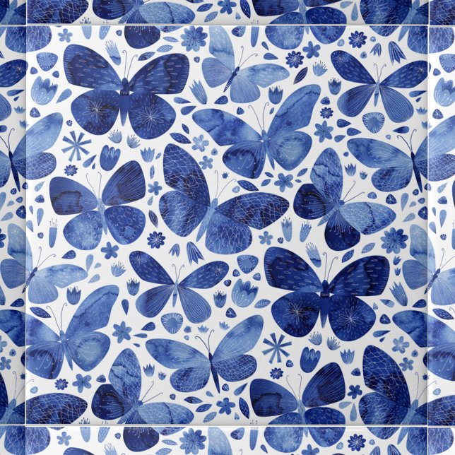 Schmetterlinge Wasserfarbe Blau Fliese (Indigo blue and white watercolor butterfly pattern art ceramic tile)