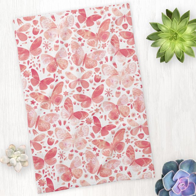 Schmetterlinge Wasserfarbe Koralle Pink Küchentuch (Peach pink watercolor butterfly pattern kitchen tea towel)