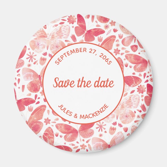 Schmetterlinge Wasserfarbe Korallenrosa Save the D Magnet (Vorne)